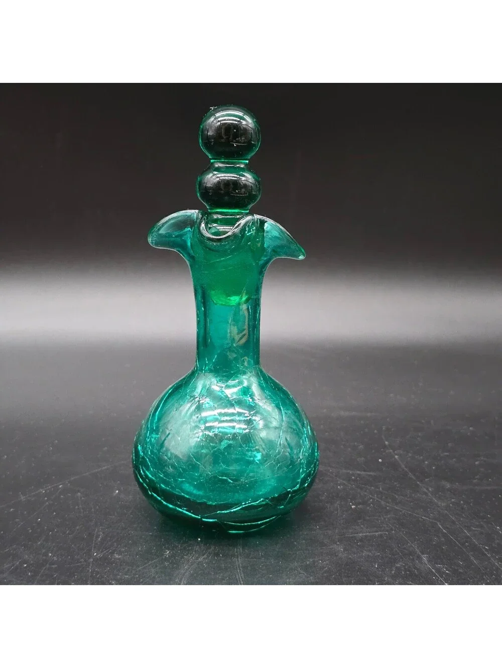 Vintage MCM Green Crackle Glass Miniature Cruet Pitcher Original Ball Stopper